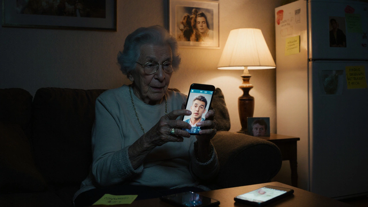 Пожилая женщина в шоке смотрит на дипфейк-видео сына в Telegram, рядом звонит WhatsApp, на холодильнике — записка с кодом.
