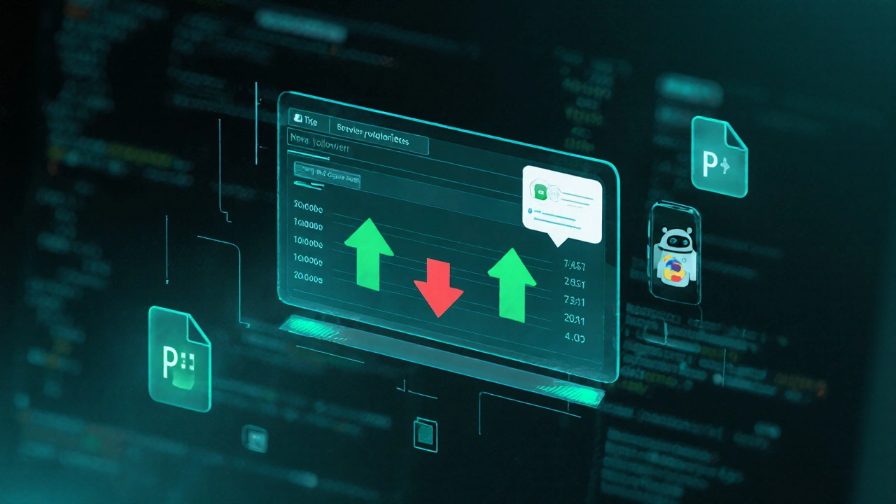 Прозрачная цифровая панель с потоком подписчиков и ботом, отправляющим уведомления, на фоне символов аналитических инструментов.