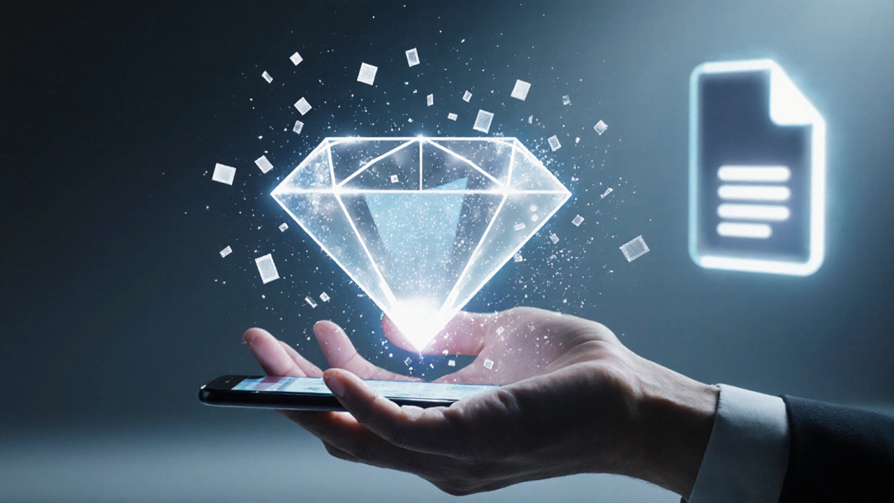 Прозрачная видеопрограмма в виде алмаза над телефоном, с разлетающимися пикселями и ботом на фоне.