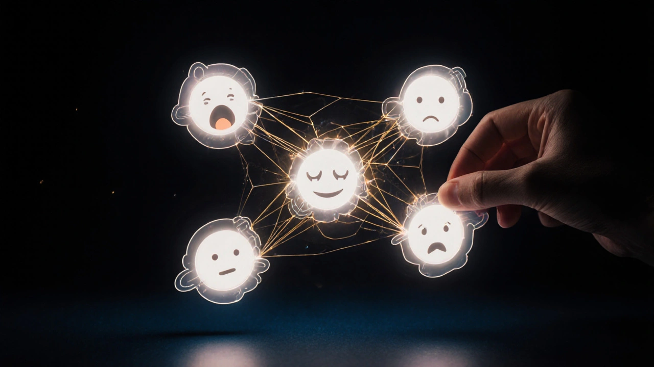 Прозрачные стикеры в виде эмоций, соединённые светящимися нитями, с рукой, добавляющей новый стикер через бота.