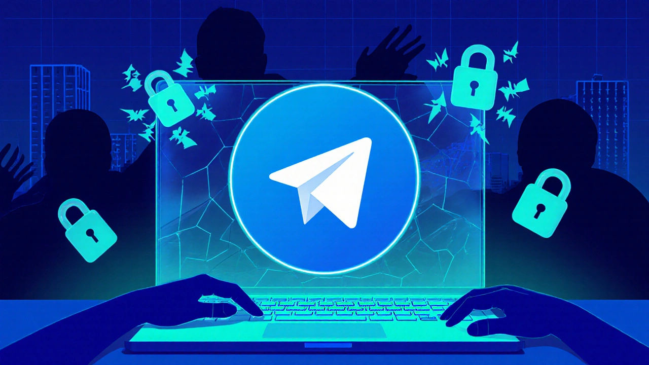 Прозрачный экран ноутбука с Telegram и исчезающими сессиями, тени пытаются добраться до него, символизируя угрозу безопасности.