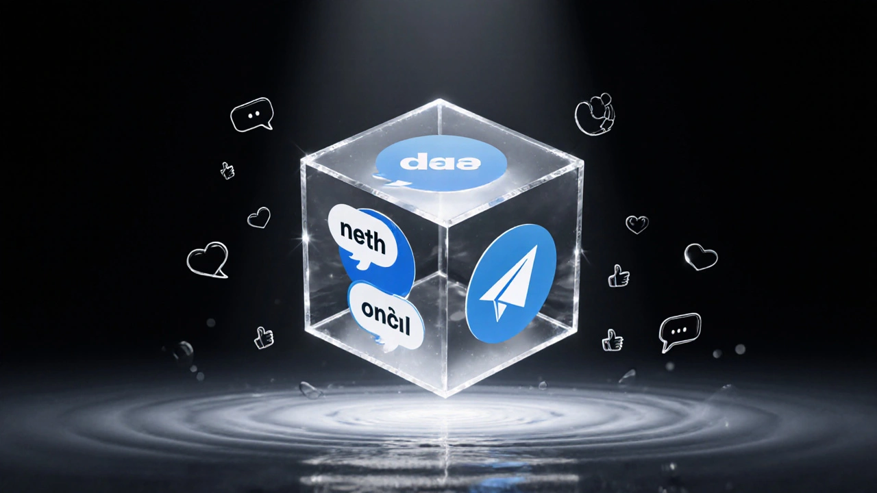 Прозрачный куб из света с бренд-стикерами, парящий в темноте, окружённый эмоциональными иконками.