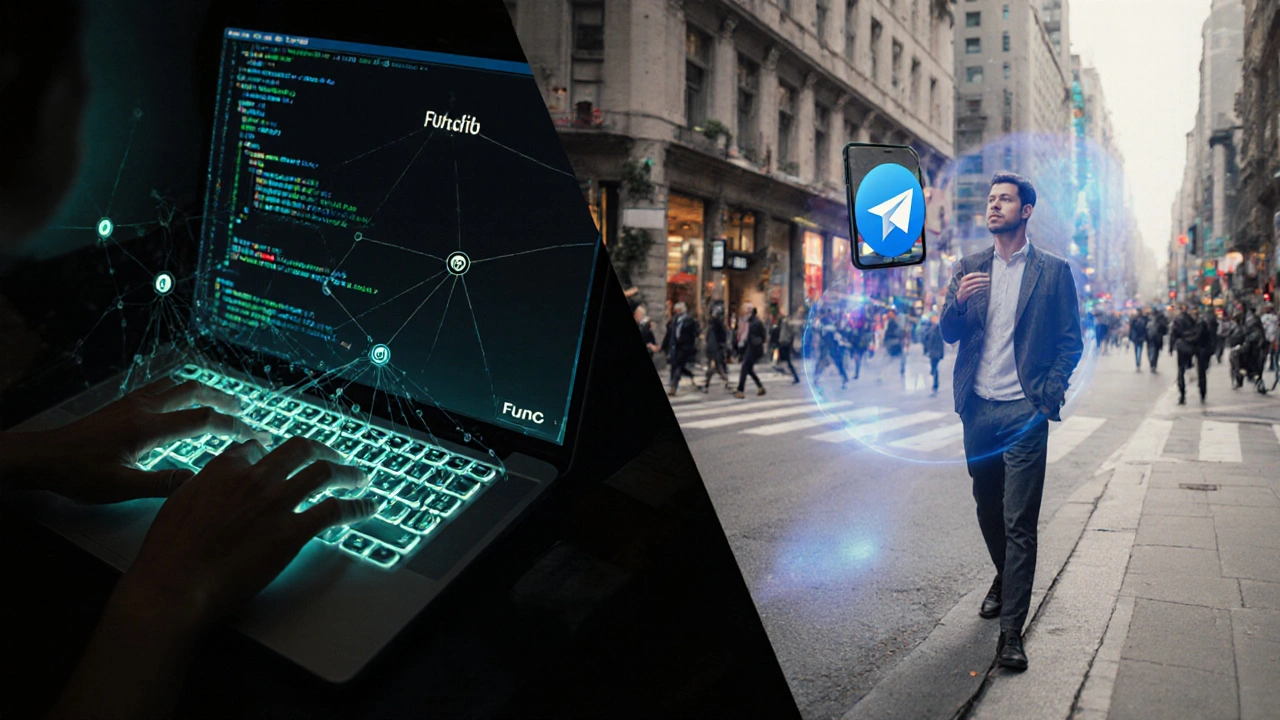 Разделённая сцена: разработчик пишет код, а пользователь в городе получает доступ к каналу через TON.