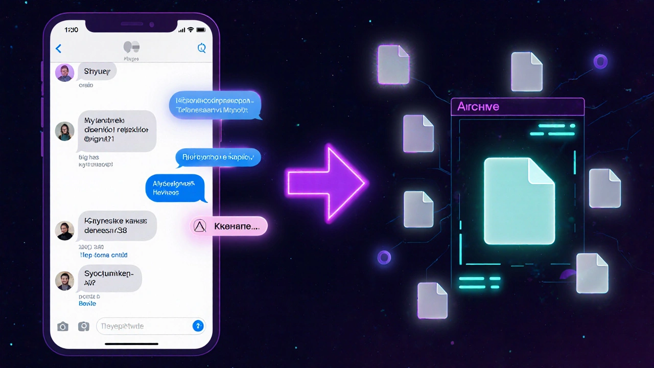 Разделённый экран: активные чаты слева, скрытые чаты как призраки в архиве справа.