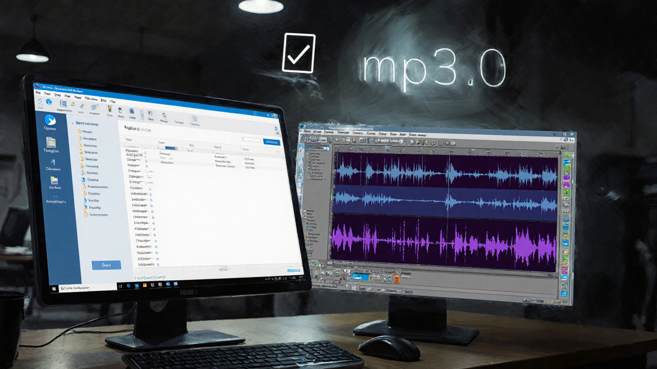 Разделённый экран: скачивание аудиофайла из Telegram и его конвертация в Audacity.