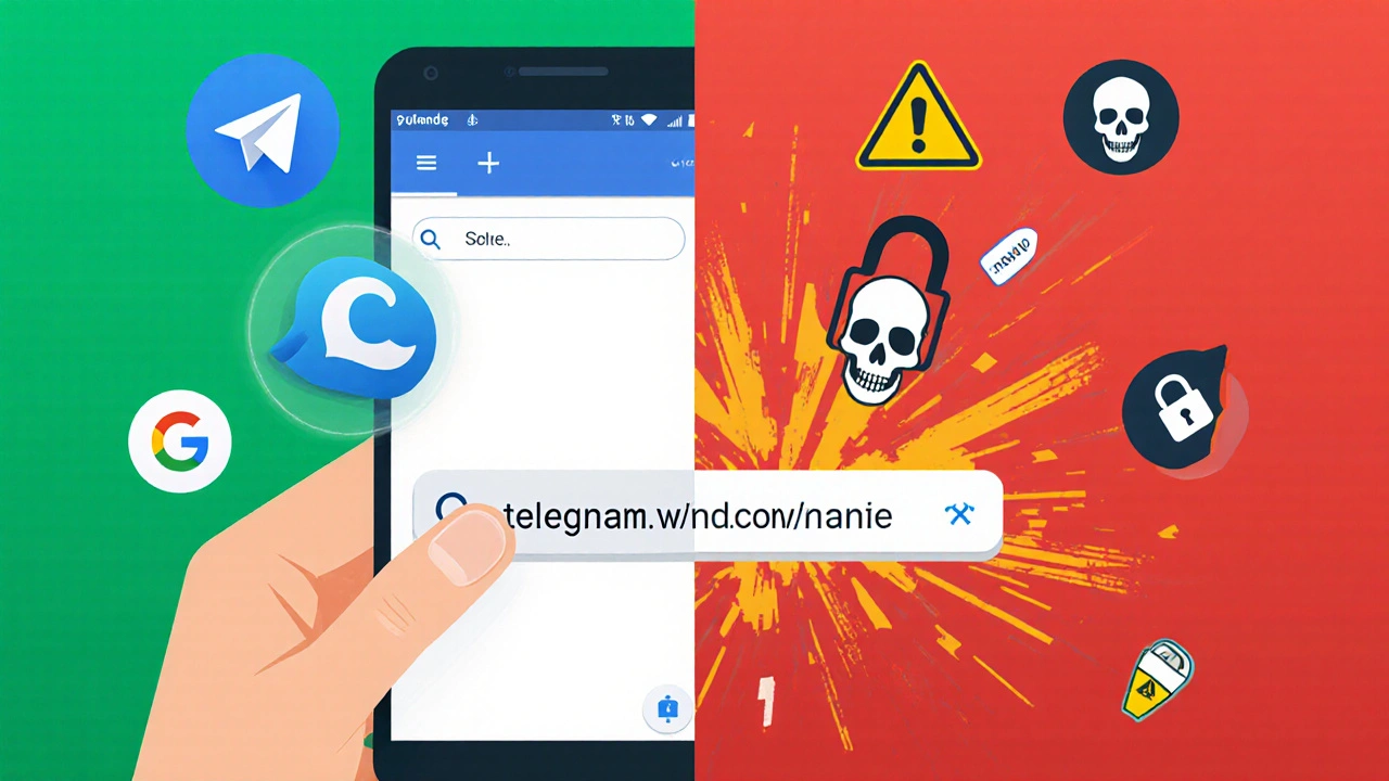 Разделённый экран: слева — копирование ссылки, справа — её разрушение с предупреждающими символами, безопасный зелёный фон переходит в опасный красный.