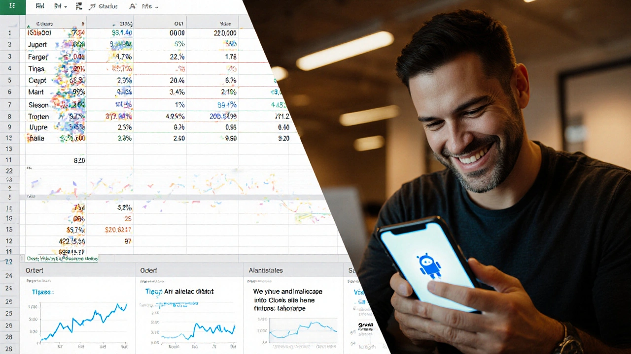 Разделенный экран: слева — разочарованный владелец канала с графиками, справа — тот же человек с положительными уведомлениями от бота.