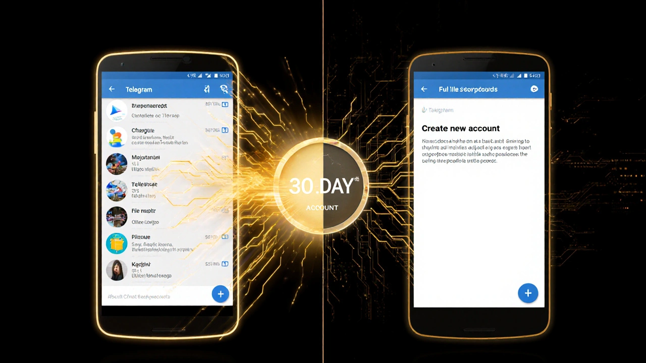 Разделённый экран: слева — восстановленные чаты Telegram, справа — пустой экран с предложением создать новый аккаунт.