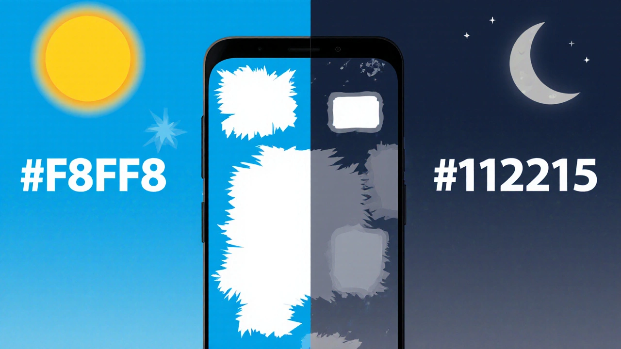 Разделённый экран смартфона: слева — яркая тема с белыми стикерами, справа — тёмная тема с прозрачными стикерами.