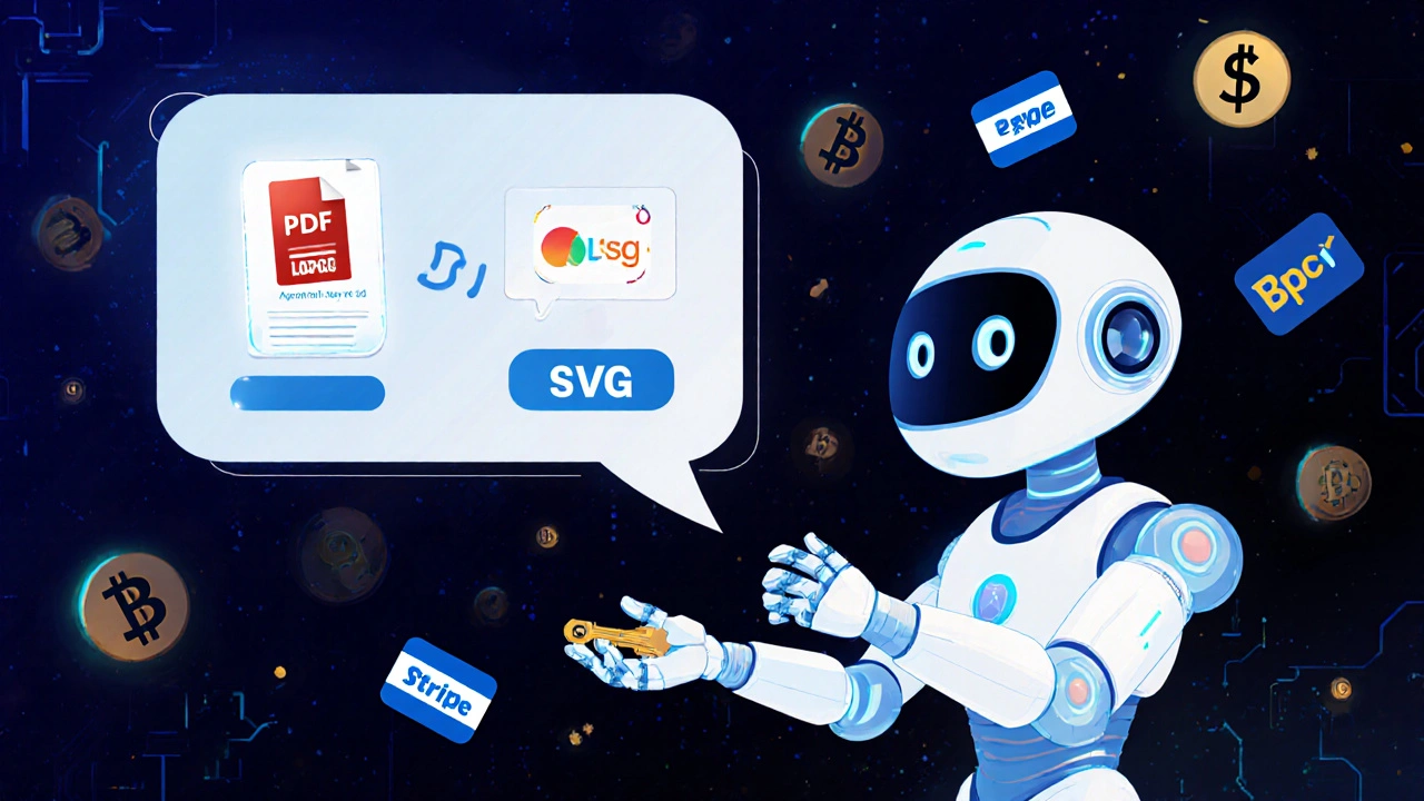 Робот-бот раздаёт цифровые продукты: файлы, логотипы и ключи доступа в чате с платёжными символами.