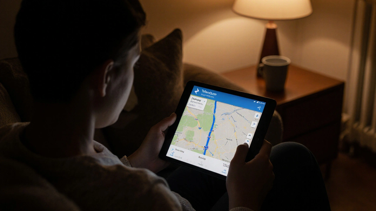 Родитель смотрит на планшет с картой, где точка приближается к школе.