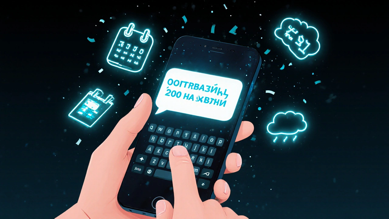 Рука говорит в телефон, из экрана исчезают иконки ботов: напоминания, перевод, погода, финансы.