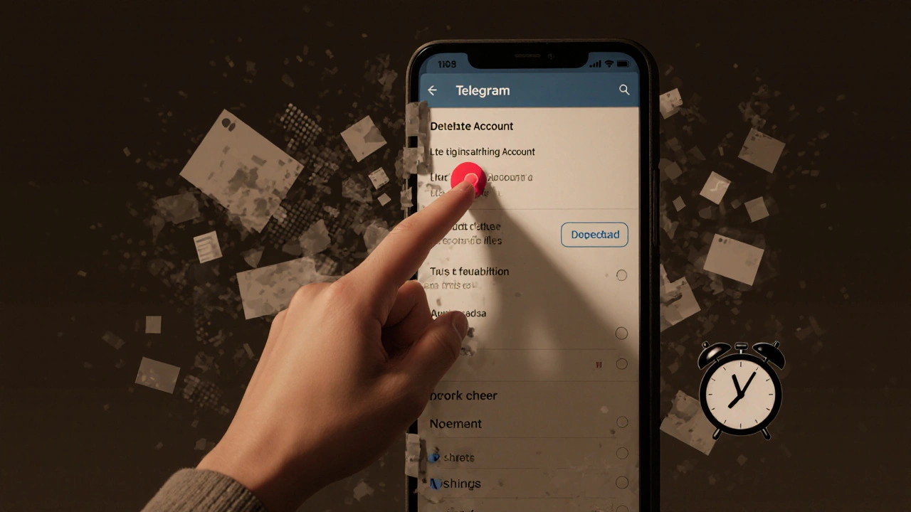 Рука нажимает кнопку удаления аккаунта, а вокруг исчезают тени чатов и файлов, на фоне тикающих часов.