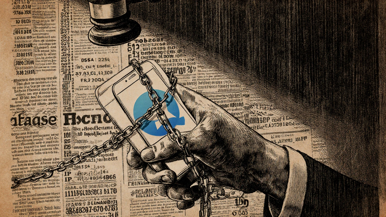 Рука с телефоном Telegram, опутанная цепями из IP-адресов, тень совета над ней, в стиле старинной гравюры.