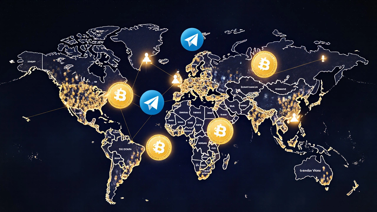 Сеть из светящихся монет TON, соединённых с пользователями по всему миру, символизирующая пассивный доход.