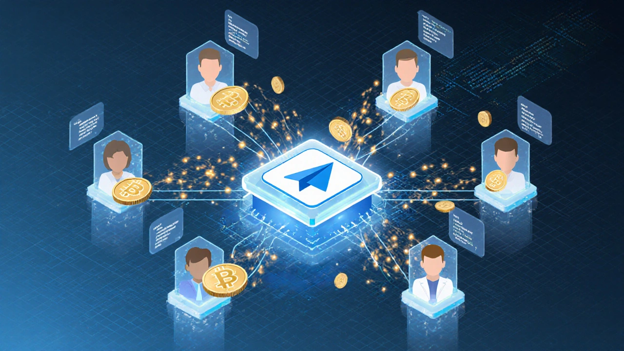 Сеть TON с золотыми токенами, соединяющими пользователей Telegram и узел смарт-контракта.