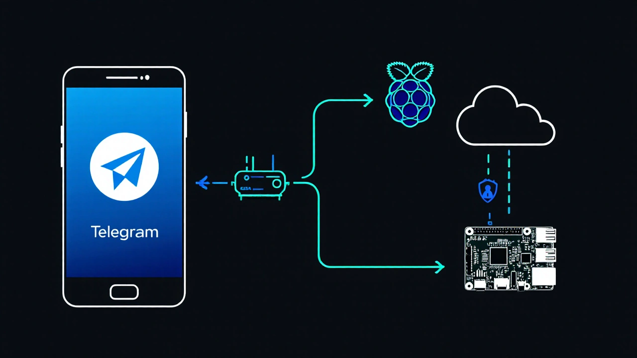 Схема подключения: телефон Telegram через роутер к Raspberry Pi, защищённый от блокировок.