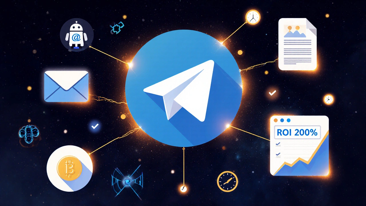 Схема системы рекламы Telegram: бот, канал, письмо и рост прибыли, золотые линии соединяют элементы.