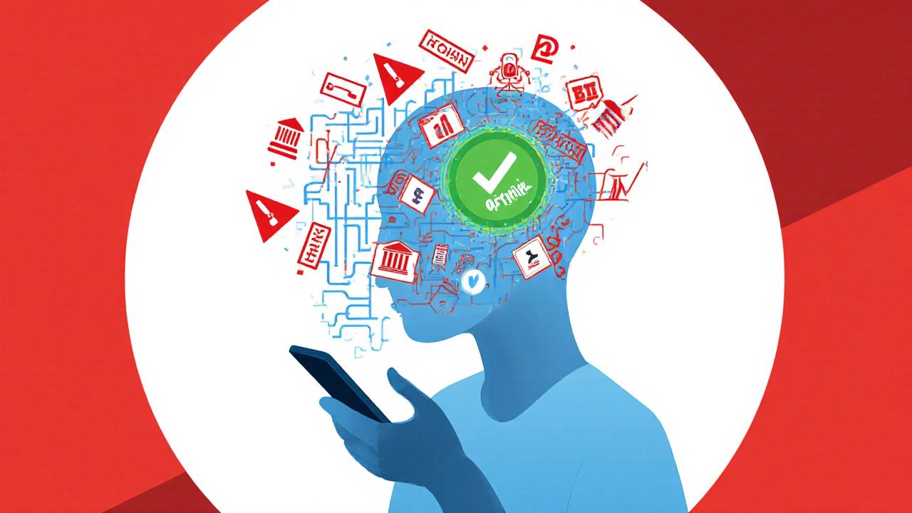 Силуэт человека с фишинговыми ловушками внутри головы, рядом — символы доверия и предупреждения.