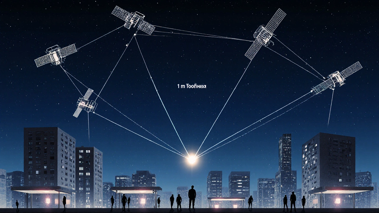 Спутники соединяются с одной точной меткой на земле, в то время как другие метки вокруг размыты и неточны.