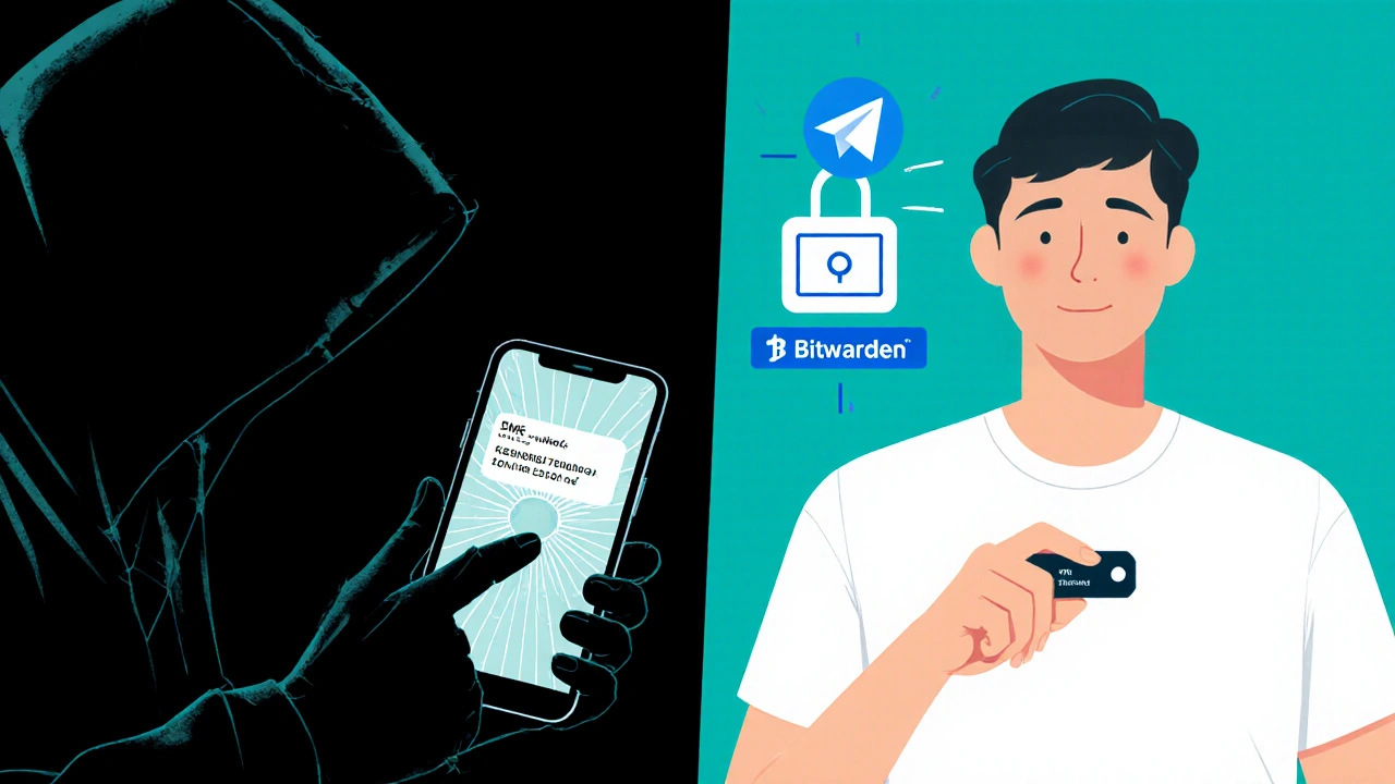 Сравнение: хакер перехватывает SMS и пользователь безопасно входит через ключ.