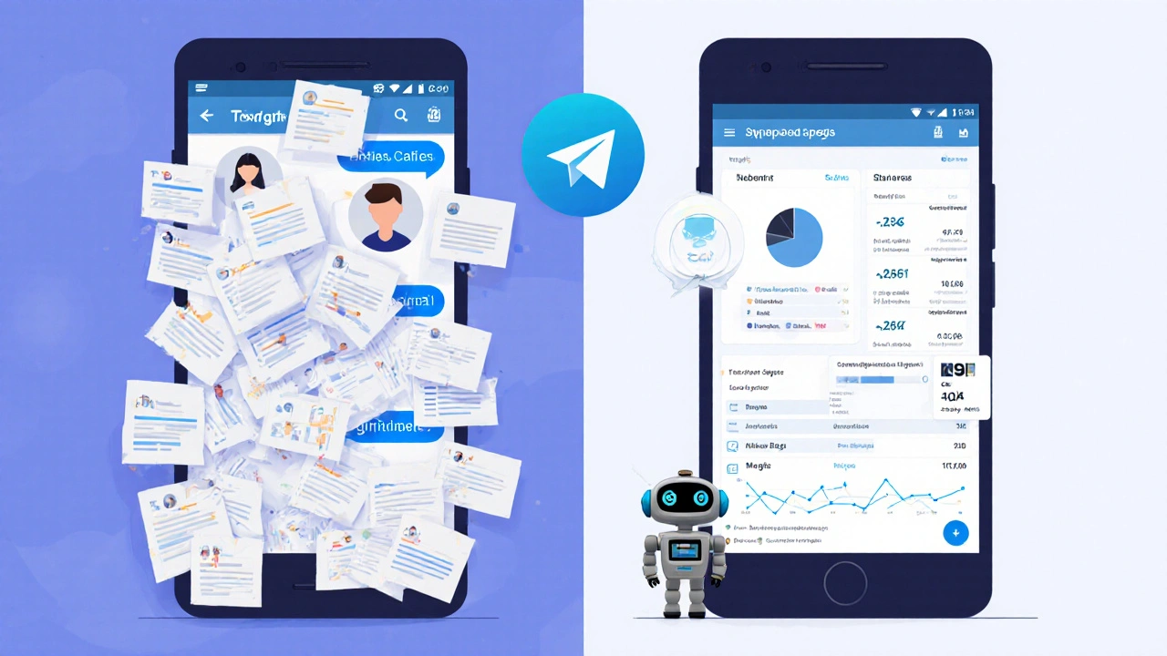Сравнение: хаотичный личный чат слева и упорядоченный бизнес-аккаунт с ботом и аналитикой справа.