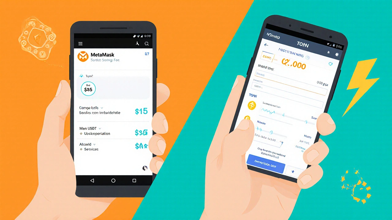 Сравнение комиссий: высокая газовая плата в MetaMask и мгновенный перевод в Tonkeeper.