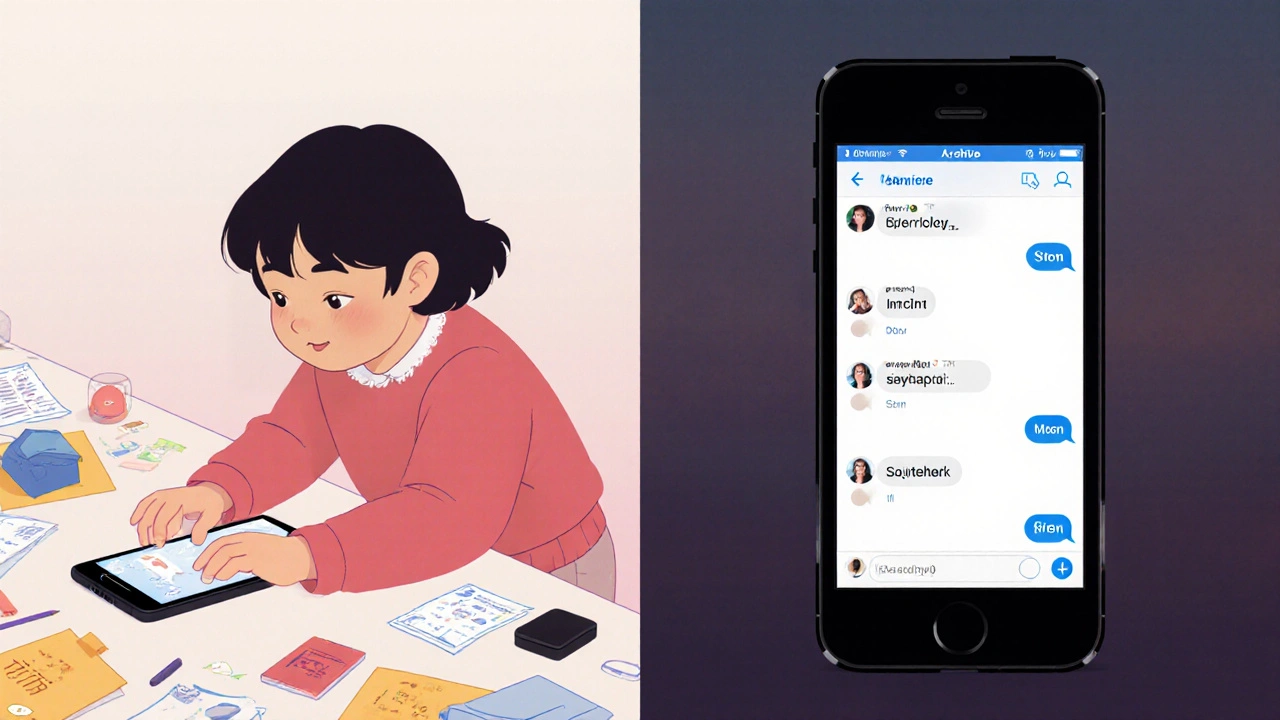 Сравнение: телефон с переписками слева и чистый экран с архивом справа — ребенок не видит личные сообщения.