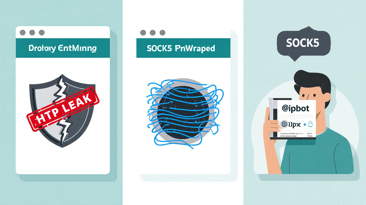 Сравнение трёх типов прокси: HTTP уязвим, SOCKS5 безопасен, а @ipbot подтверждает защиту.