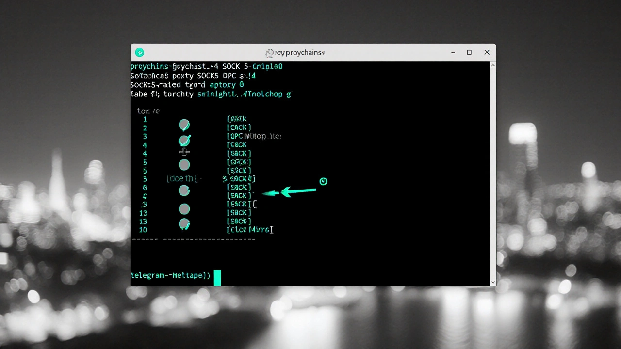 Терминал Linux с командой proxychains и динамически переключающимися прокси-серверами в реальном времени.