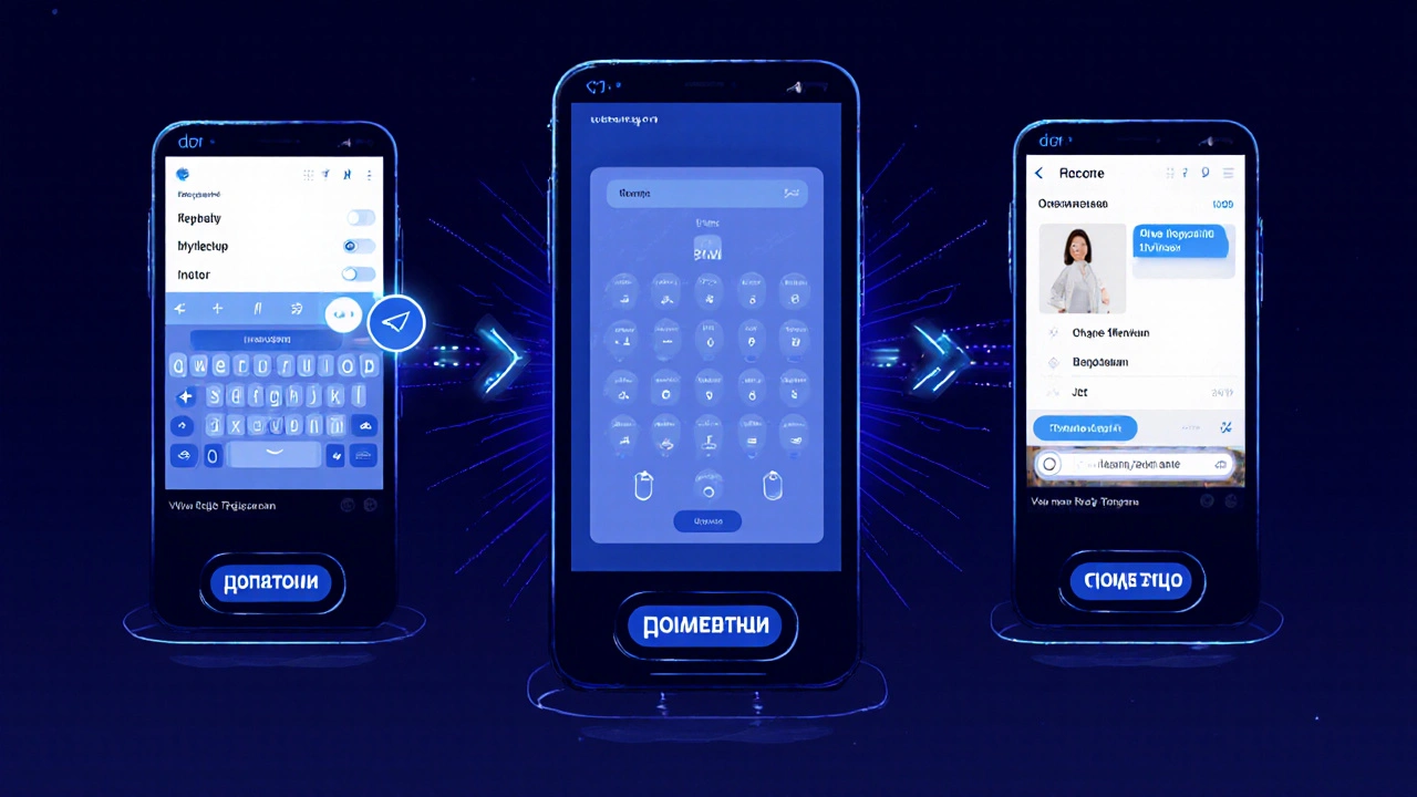 Три этапа взаимодействия с ботом: меню, действия, обновленные кнопки — в стиле концептуального дизайна.