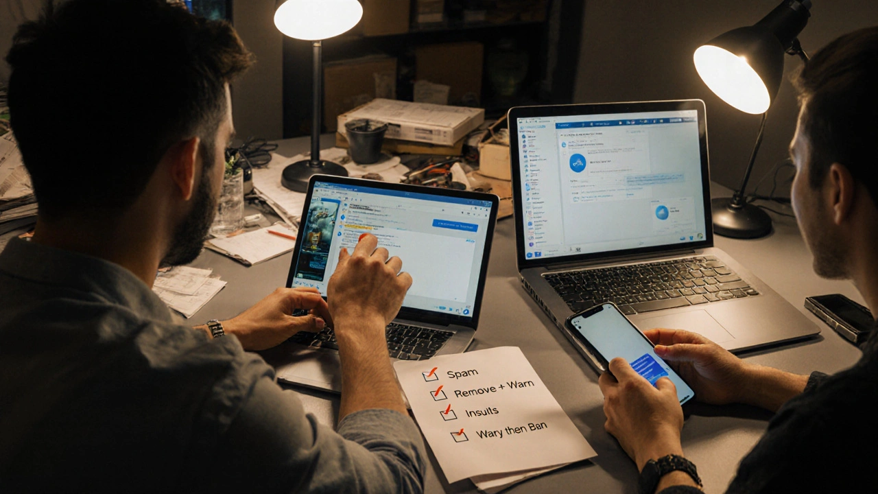 Три модератора обсуждают нарушения в приватном чате с чек-листом на столе.