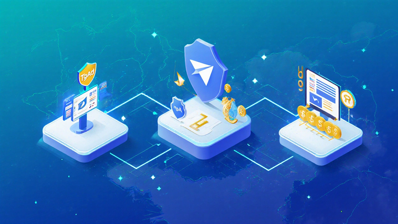 Три платформы для рекламы в Telegram с иконками и потоками данных.