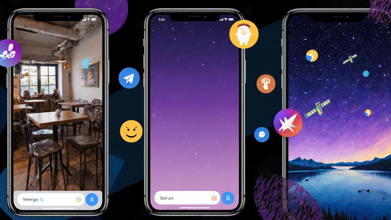 Три типа фонов Telegram: статичный, градиент и анимация звёзд над Байкалом на одном экране.