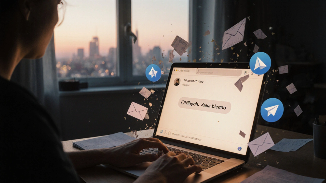 Удалённый сотрудник получает личное сообщение от менеджера в Telegram, а почта исчезает в свете.