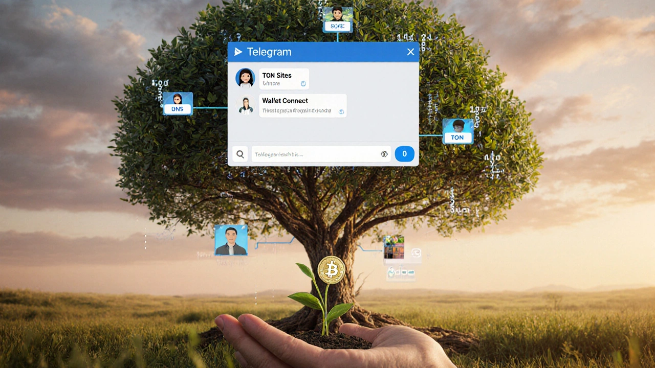 Виртуальный чат Telegram, превращающийся в дерево с корнями из блокчейна и листьями в виде NFT-аватаров.