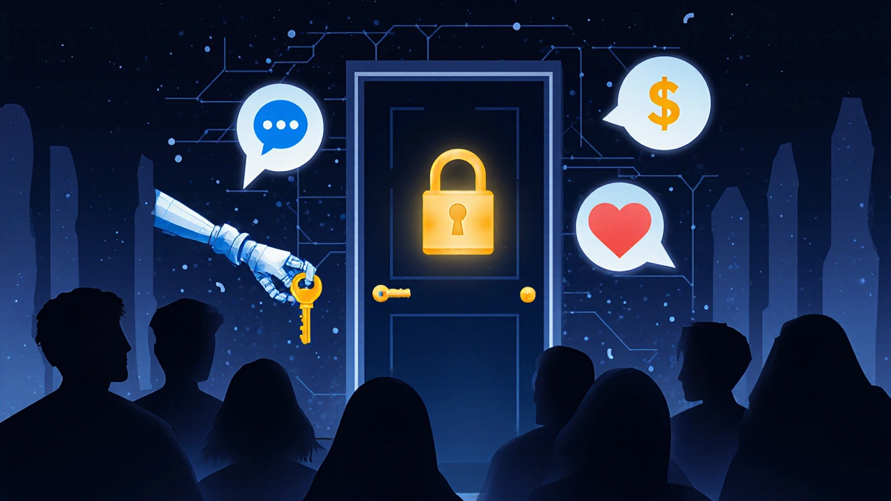 Закрытая дверь с замком, из которого выходят символы чата, платежа и принадлежности.