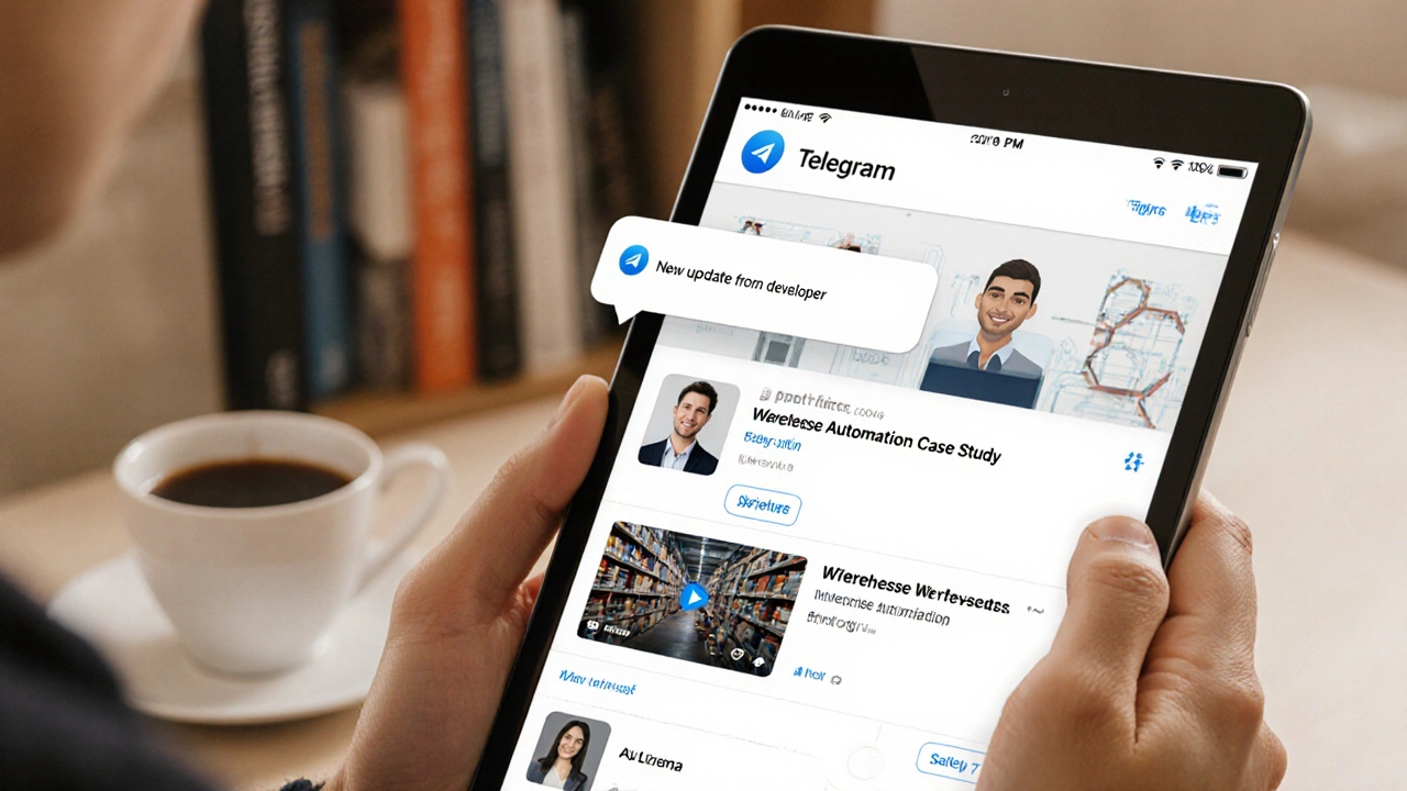 Закрытая группа в Telegram с клиентами, просматривающими кейс автоматизации склада.