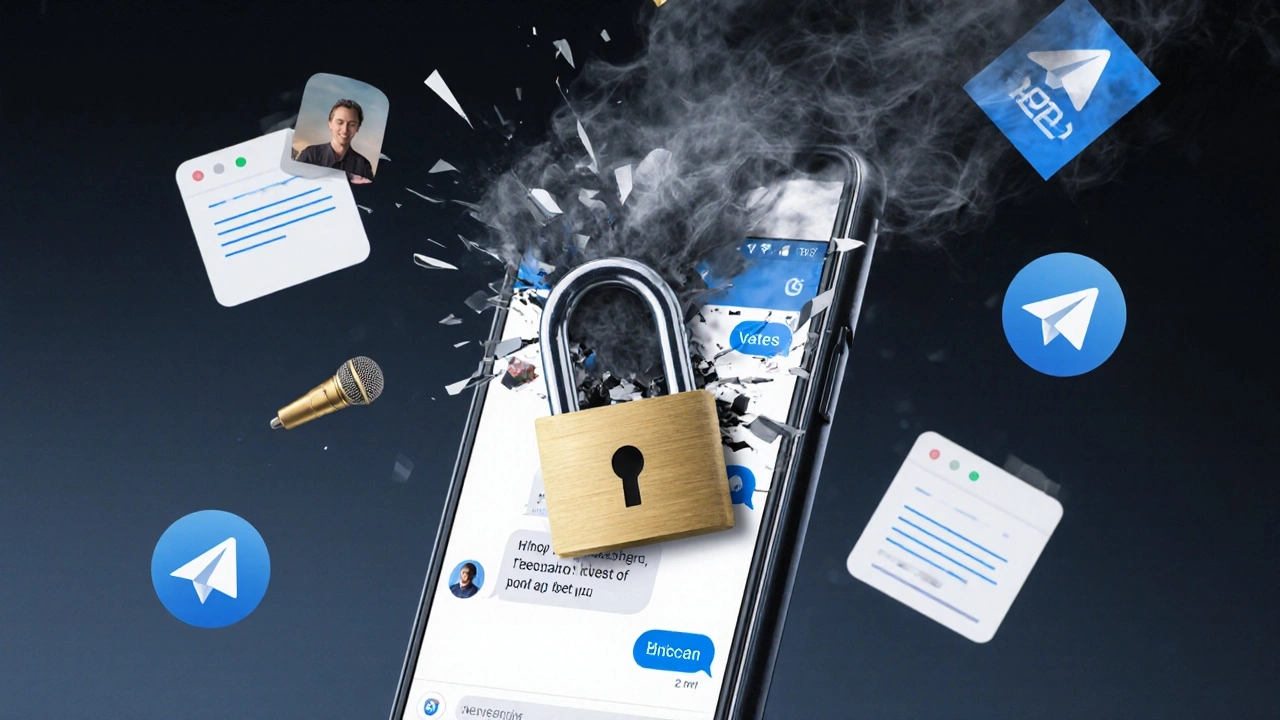 Замок в чате Telegram, разбитые значки микрофона и геолокации, сообщения и файлы остаются целыми.