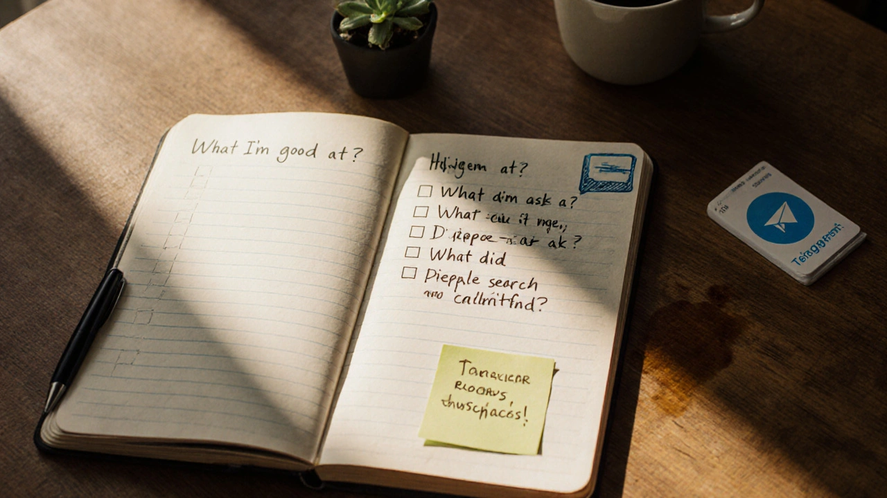 Записная книжка с вопросами для выбора ниши и заметкой о рецептах без сахара для диабетиков.