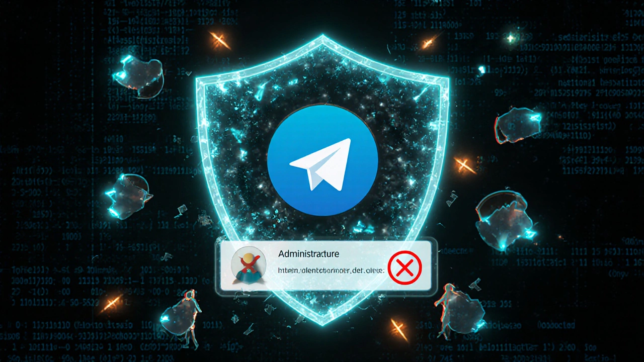Защитный щит из кода над группой Telegram, отмечающий действия администратора, нарушившего правила.