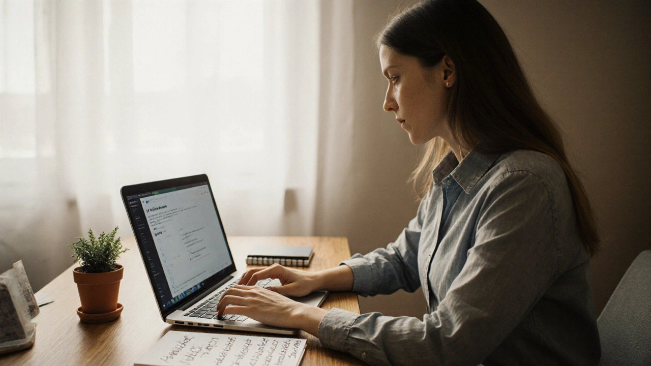 Женщина смотрит на уведомления об оплате через YooKassa на ноутбуке.