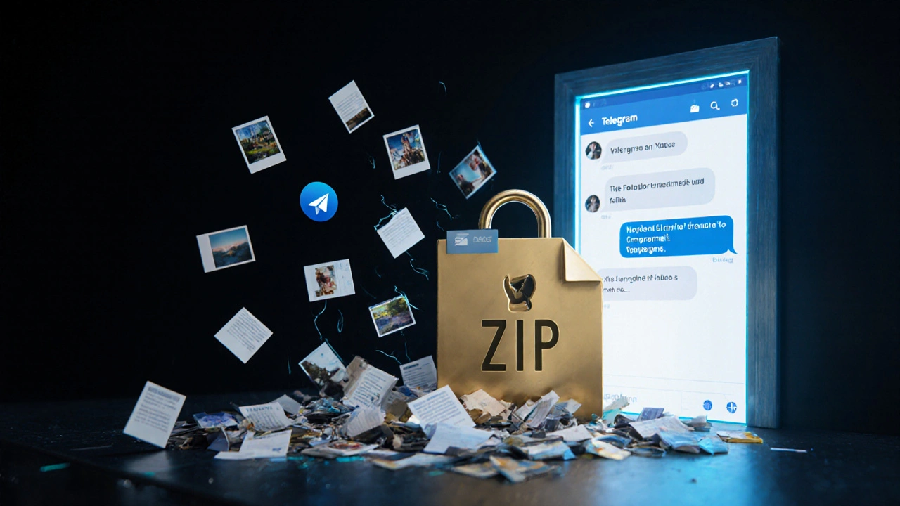 ZIP-архив в виде ключа открывает дверь в Telegram, через которую проходят файлы.