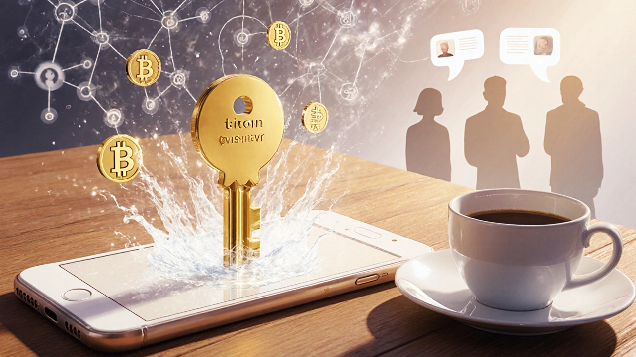 Золотой ключ на экране телефона, из которого текут токены TON в сеть