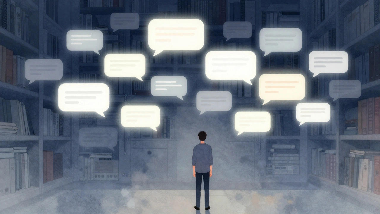 Абстрактная сцена: человек перед стеной чатов, часть из которых спрятана в тени.