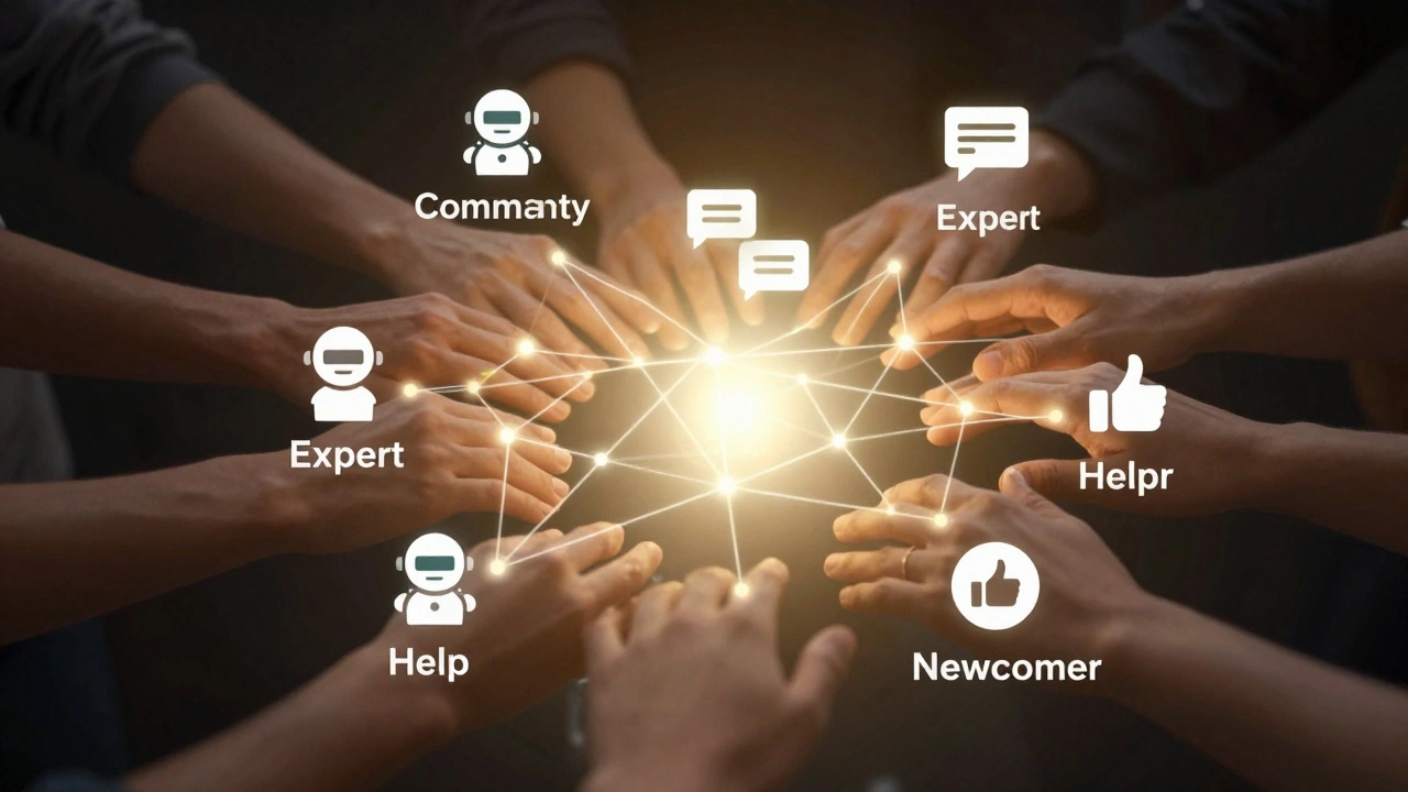 Абстрактная сеть взаимодействия участников, бота и правил, символизирующая доверие в сообществе.