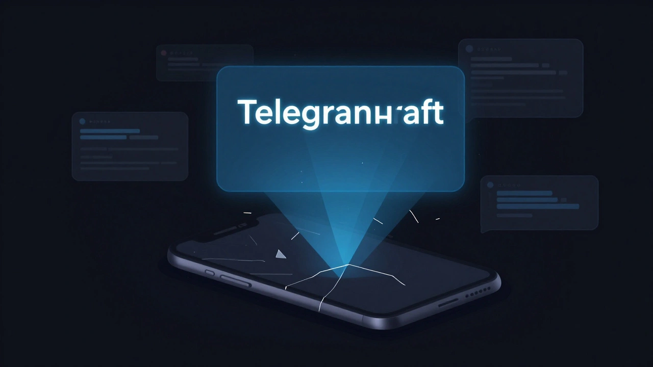 Абстрактное изображение незавершённого сообщения, парящего над экраном телефона, символизирующее черновик в Telegram.