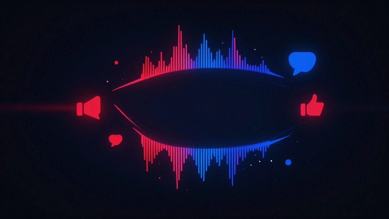 Абстрактное изображение звуковых волн, усиливающихся в начале и конце текста, с красными и синими частицами.