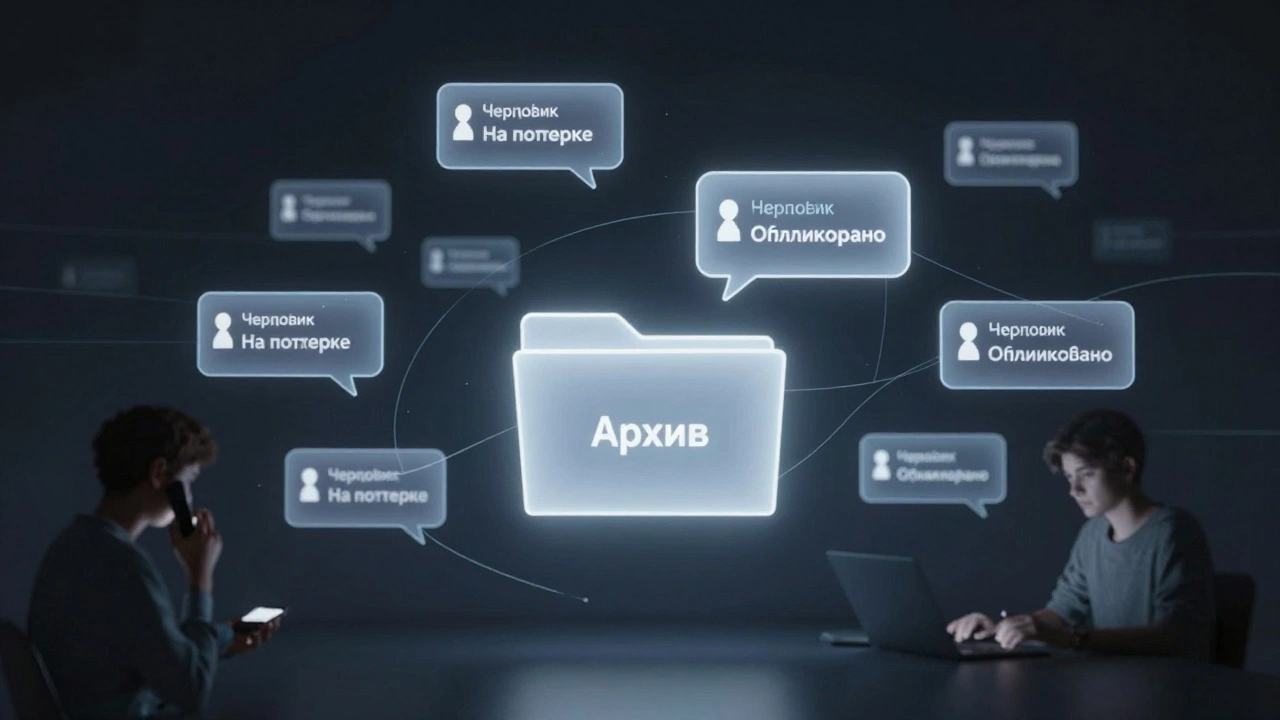 Абстрактное представление архива черновиков в виде светящихся сообщений, собирающихся в папку.