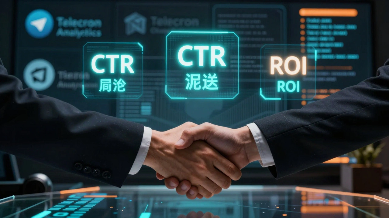 Аналитика Telegram: CTR, клики и ROI отображаются как светящиеся метрики.